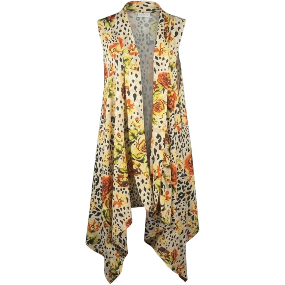 Lucky & Blessed L&B Leopard Floral Open Front Draped Duster Orange Yellow L